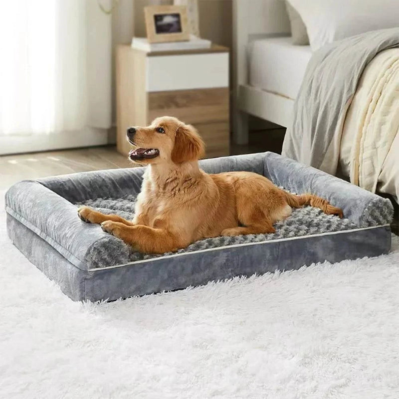 Luxury dog bed with memory foam mat, waterproof and machine washable, medium size.
