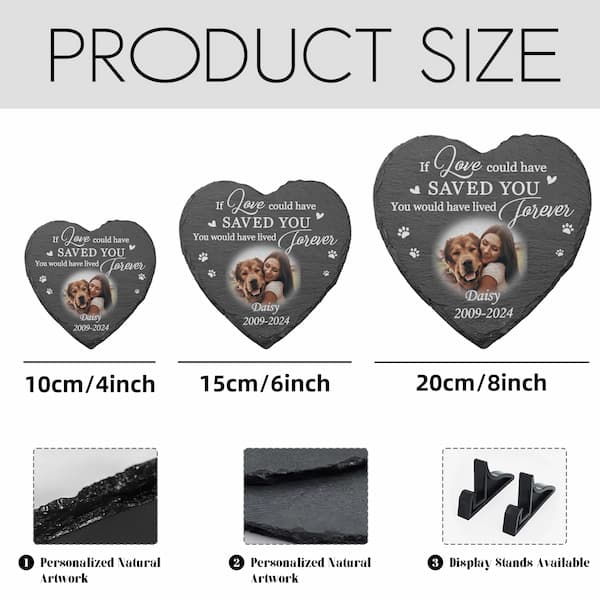 Heart-shaped product with engraved text and a photo of a dog, displayed in three sizes.