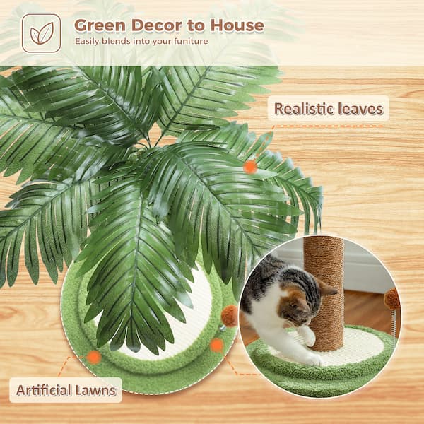 Artificial green plant with realistic leaves on a wooden surface, featuring text about blending into furniture.