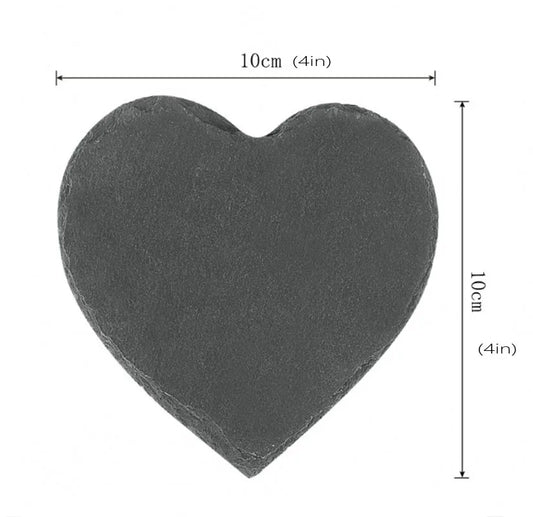 Heart-shaped slate with dimensions on a white background