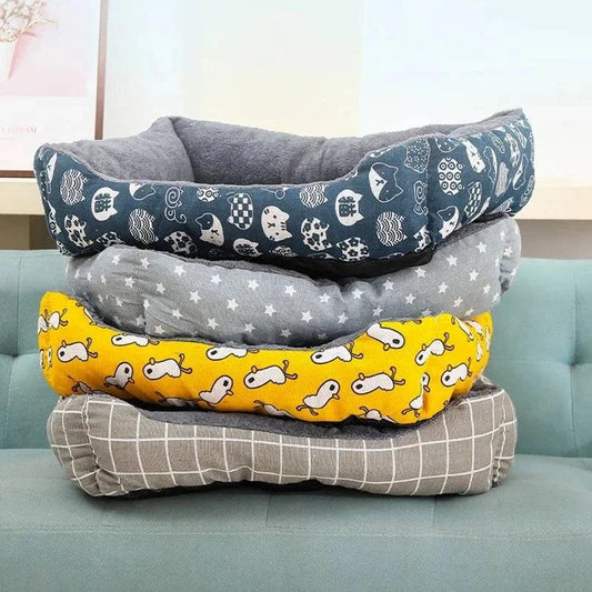 Comfortable stackable pet nests with colorful patterns, suitable for small to large dogs, breathable fabric.