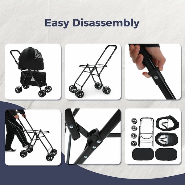 Collage showing easy disassembly of a stroller with text 'Easy Disassembly' on a white background.
