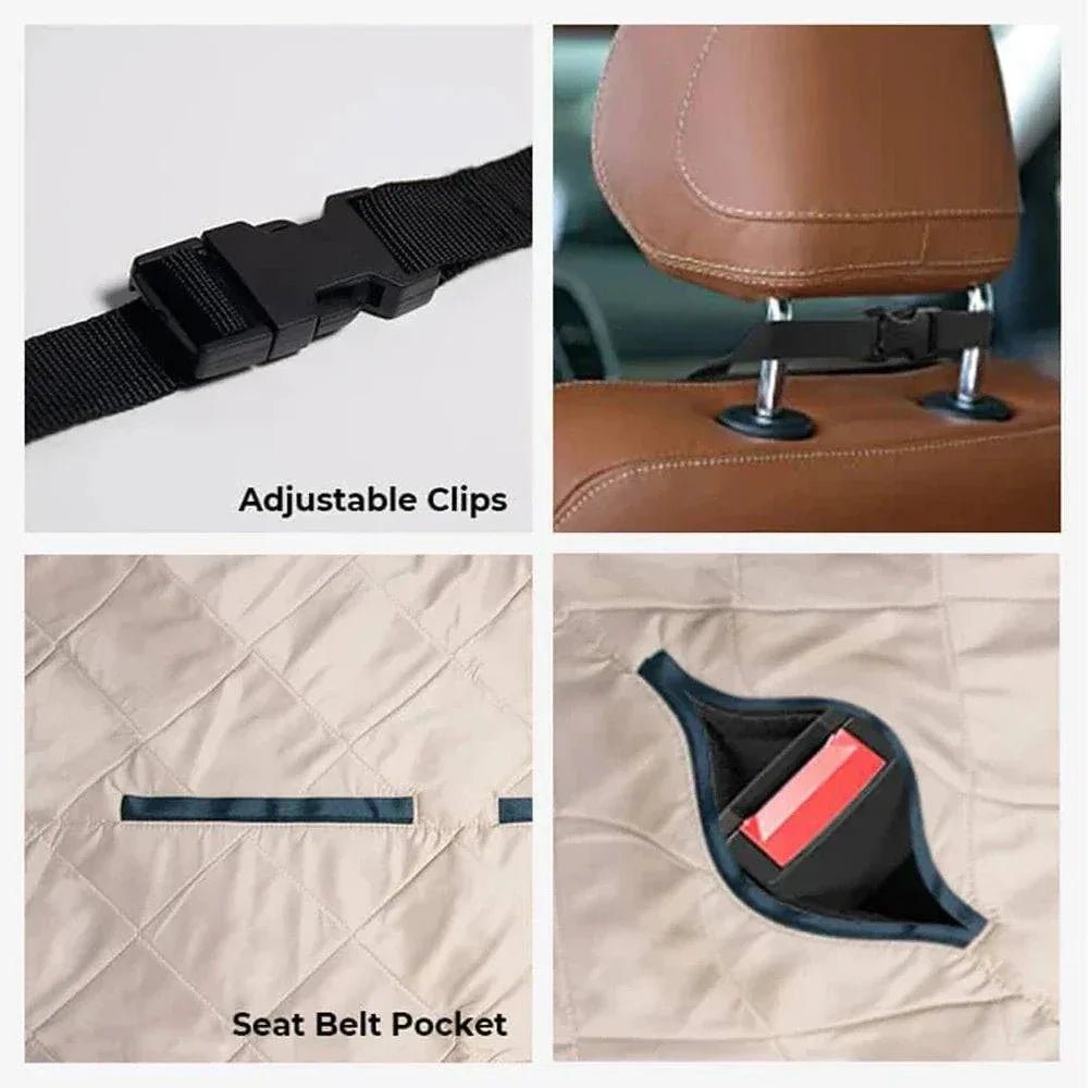 Waterproof double-sided dog car seat cover with adjustable clips and seat belt pocket, anti-scratch protector mat for pets.