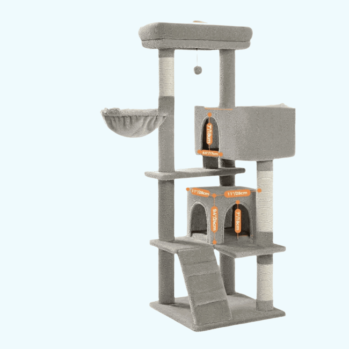 Luxury cat tree with double condos, spacious perch, cat hammock, fully wrapped sisal scratching posts, and dangling balls.