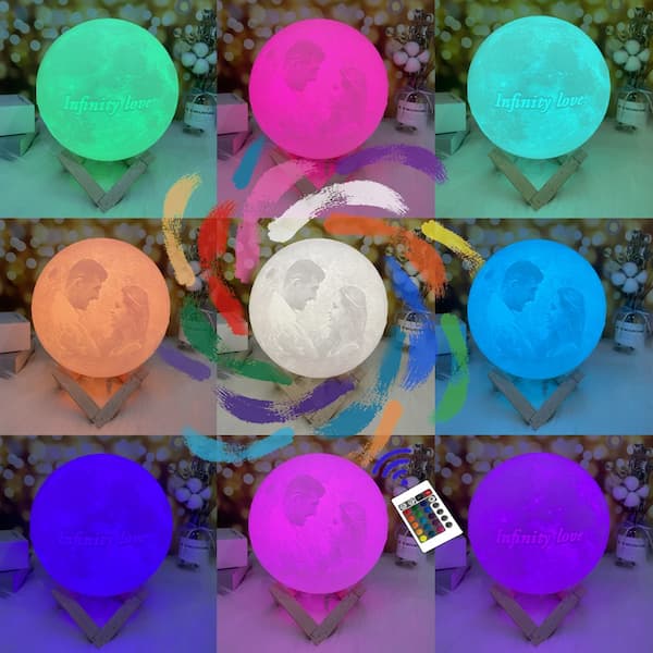 Collage of a moon-shaped lamp in various colors with a remote control.