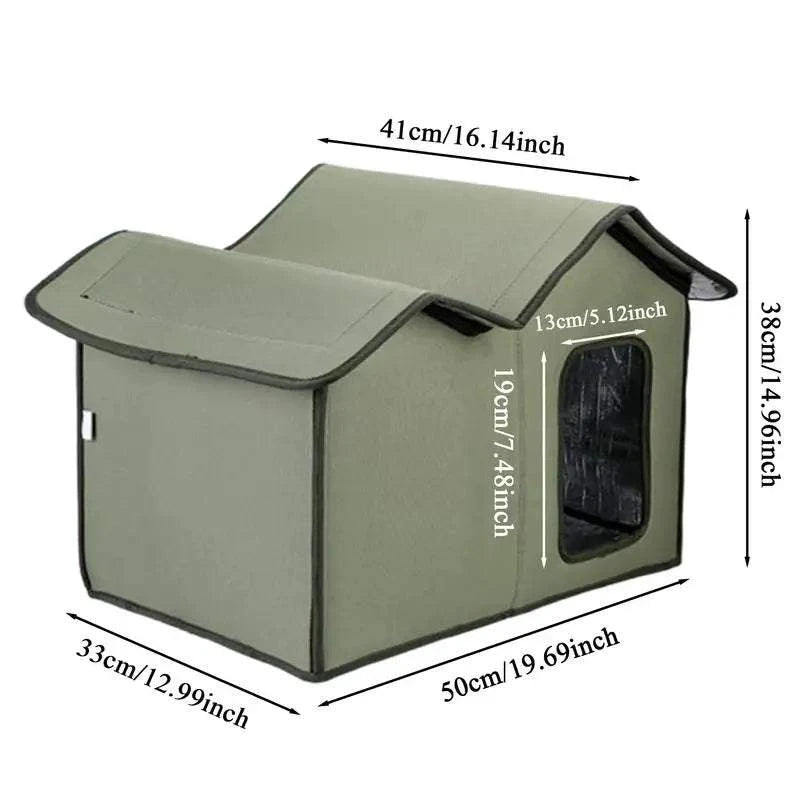 Easy-to-assemble outdoor cat shelter with no tools required, durable and lightweight for year-round use