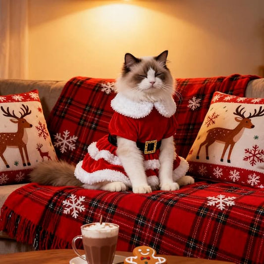 Cat in a Santa outfit sitting on a festive couch with Christmas decorations.