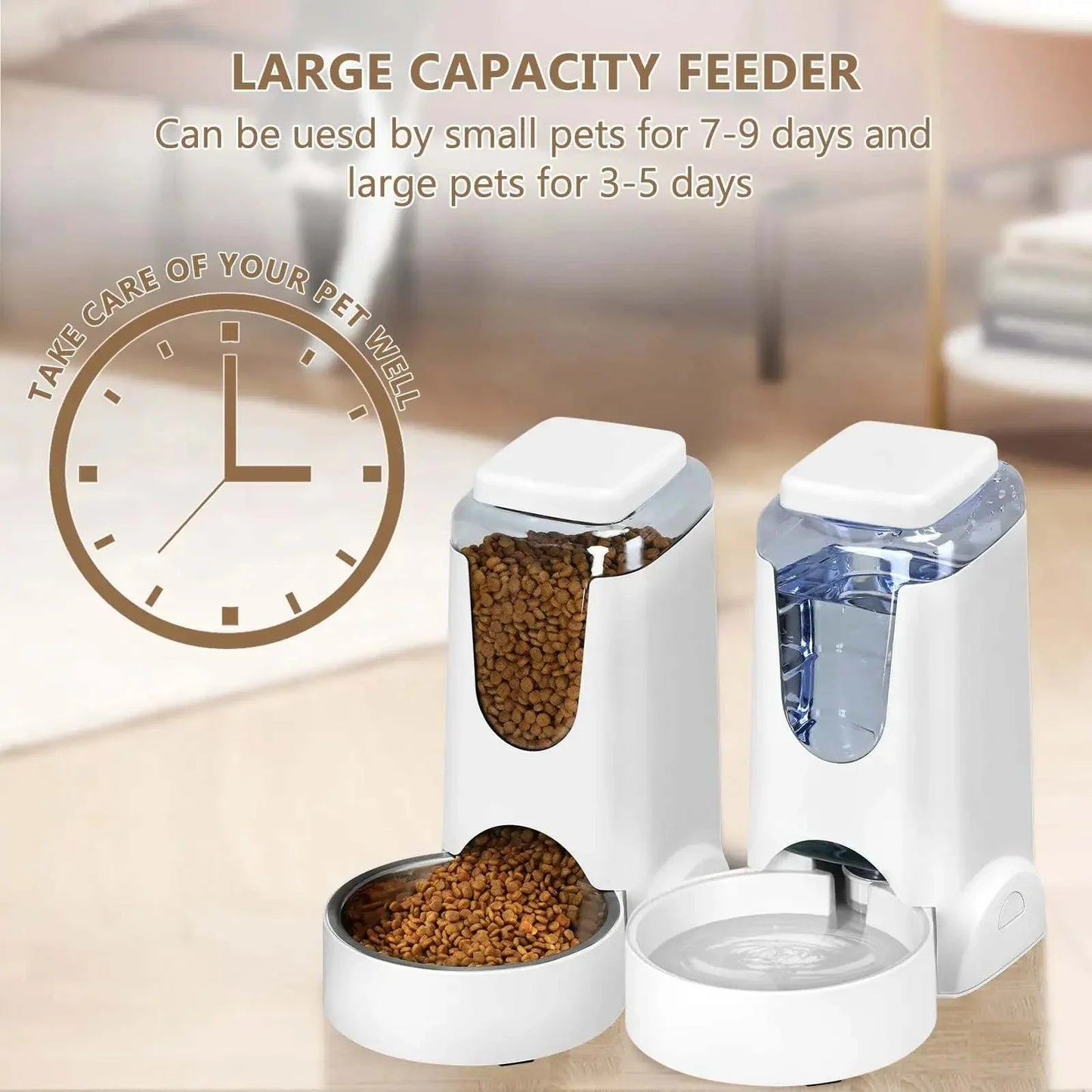 Automatic dog feeder and water dispenser with large capacity for pets.