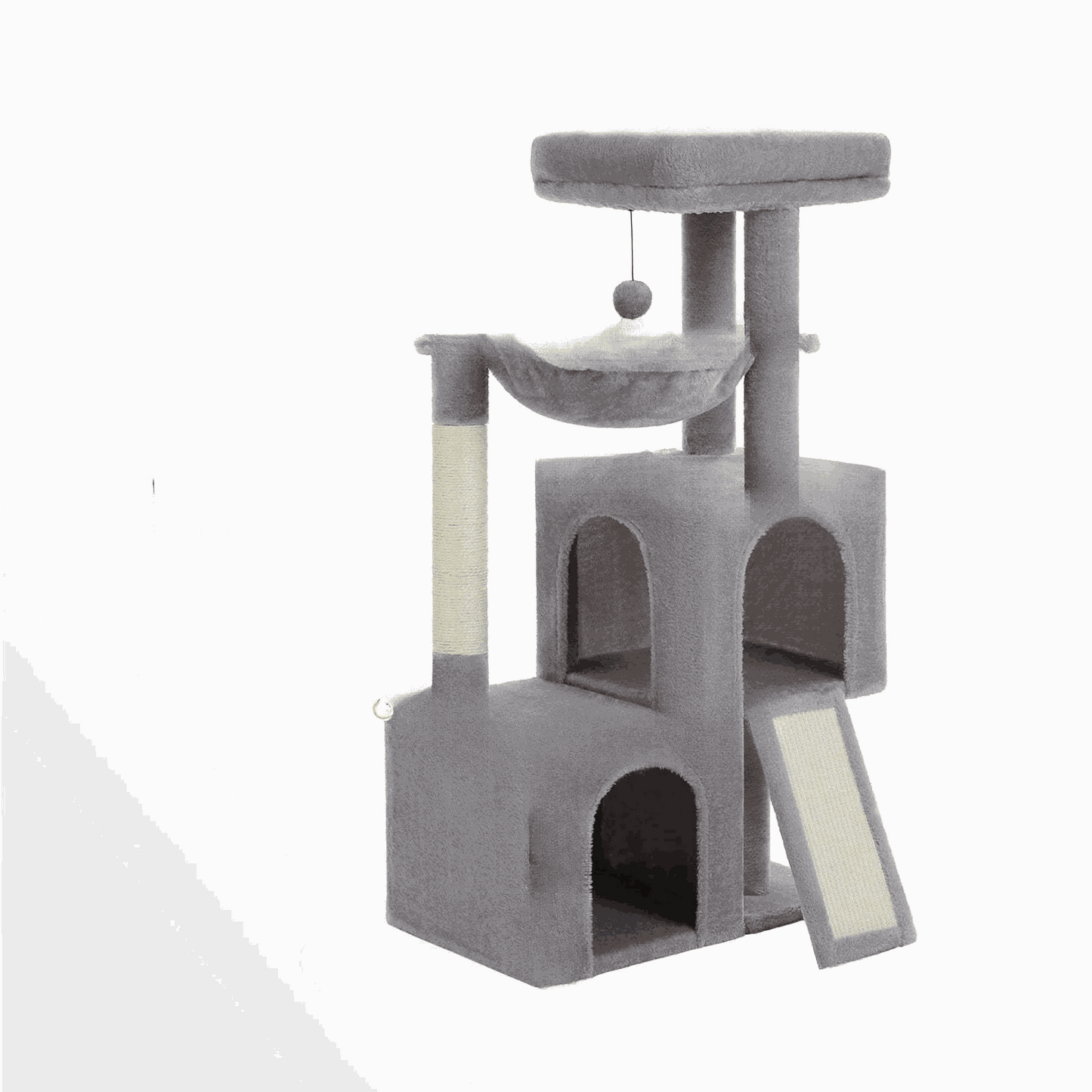 Luxury cat tree with double condos, spacious perch, cat hammock, fully wrapped sisal scratching posts, and dangling balls.
