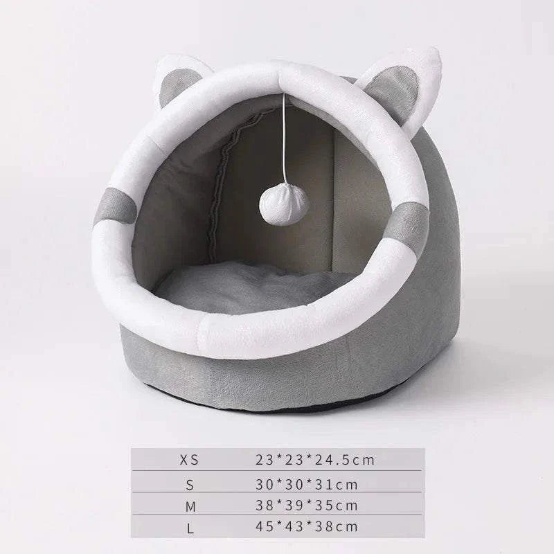 Round cat bed with a tent design, cozy and plush interior, suitable for kittens, cats, and small dogs, perfect for sleeping and lounging.