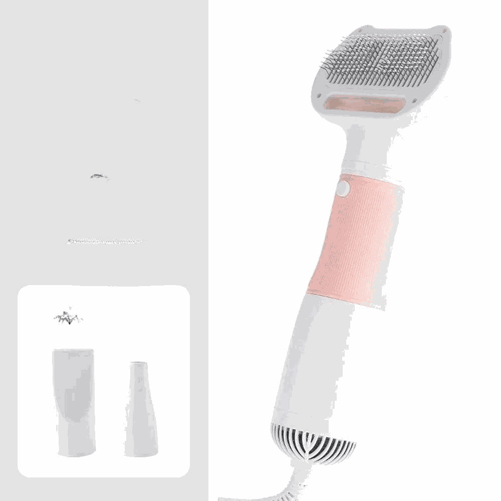 Pink 110V/220V pet hair dryer in use drying a fluffy dog's coat, featuring adjustable heat settings.