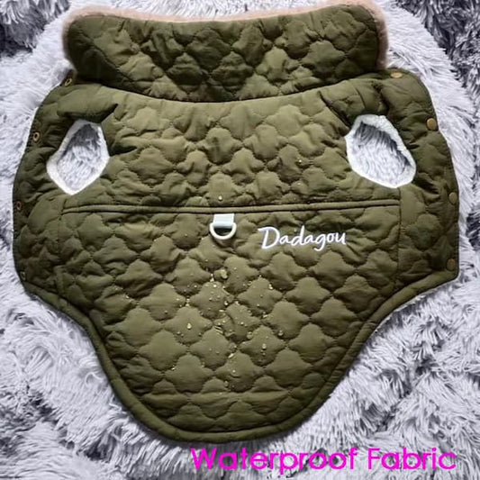 Green waterproof fleece-lined dog coat with faux fur collar