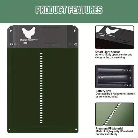 Automatic chicken coop door with light sensor and waterproof casing.”