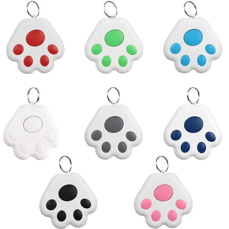 Mini GPS tracker with Bluetooth connectivity for pets, kids, bags, and keys in various colors.