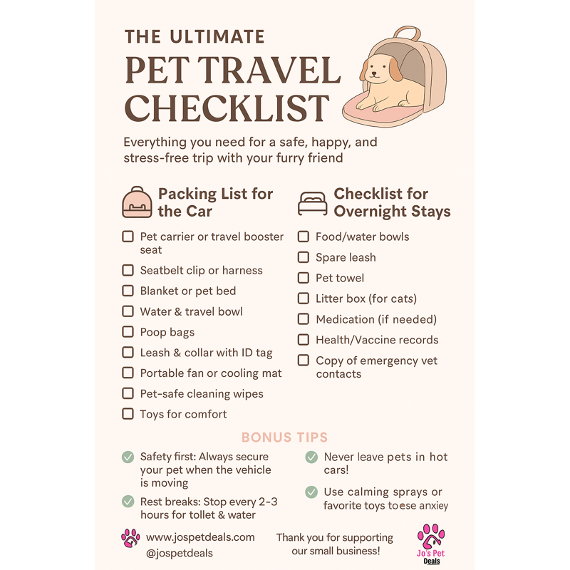 Free printable pet travel checklist by Jo’s Pet Deals – pastel pink design with packing essentials and tips for dog and cat owners