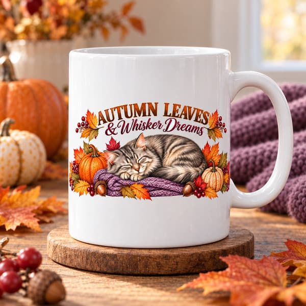 Autumn Leaves and Whisker Dreams cat mug featuring a sleeping silver tabby with pumpkins and colourful autumn leaves