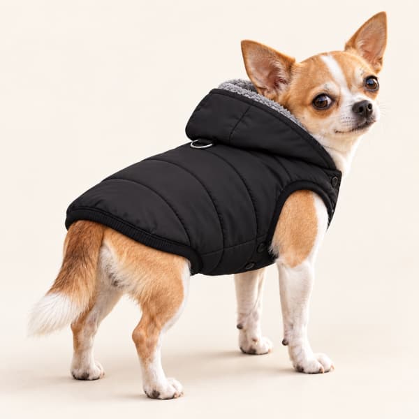 Chihuahua wearing a black padded hooded jacket with grey fleece lining.