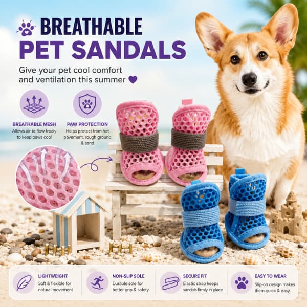Infographic showing the breathable mesh, paw protection, non-slip sole and secure fit of breathable summer dog sandals for small dogs.