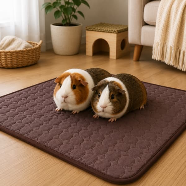 Two guinea pigs relaxing on a brown cooling mat indoors to stay comfortable during warm summer weather