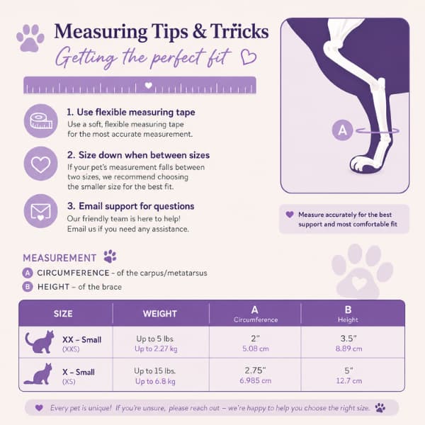 Sizing and measurement guide for adjustable cat front leg brace showing how to measure circumference and height for the correct fit
