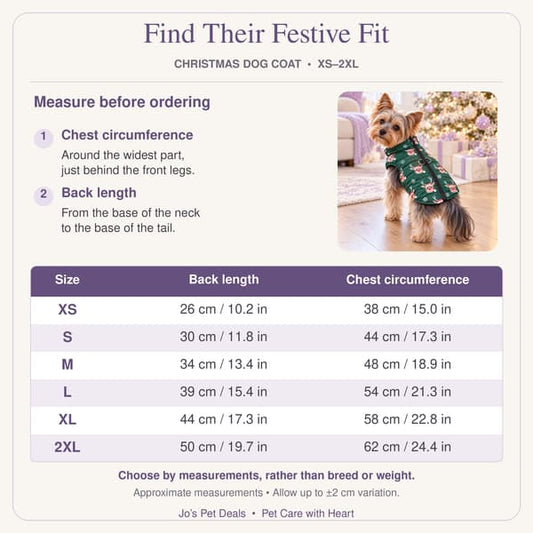 Christmas dog coat size guide for XS–2XL, showing chest and back measurements in centimetres and inches, with measuring instructions and a Yorkie wearing the green reindeer coat.