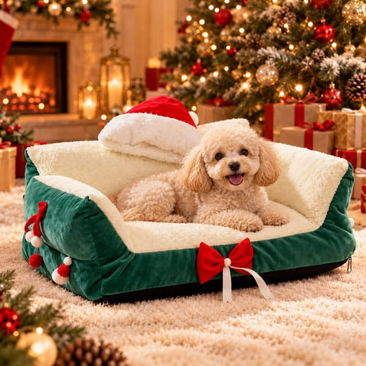 Small cream dog resting in a green plush Christmas sleigh pet bed