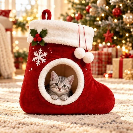 Silver tabby kitten peeking through the white-trimmed entrance of a red Christmas stocking cat bed, with festive lights behind.