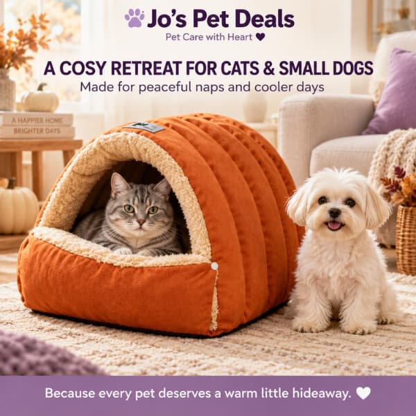 Grey tabby cat inside a pumpkin-orange cave bed with a small Maltese dog beside it