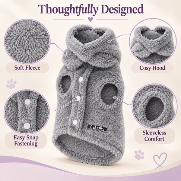 Grey cosy fleece pet hoodie showing soft fabric, hood, snap fastening and comfortable sleeveless design