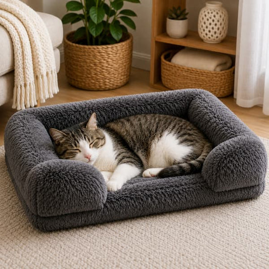 Tabby cat sleeping in a dark grey plush bolster cat bed with soft raised edges.