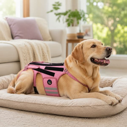 Labrador relaxing comfortably on a dog bed while wearing an adjustable dog back brace for everyday back support and post-surgery recovery