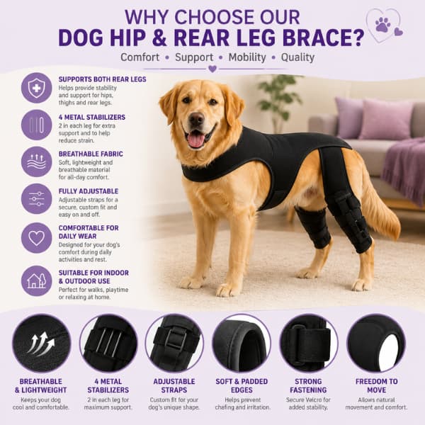 Dog hip and rear leg brace features showing dual hind leg support, breathable fabric, adjustable straps and four metal stabilizers