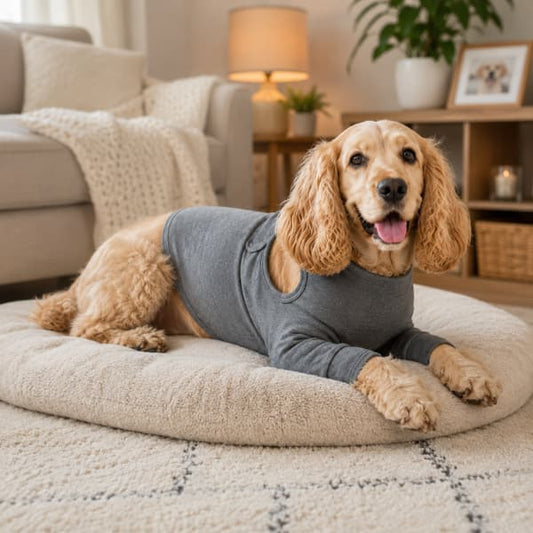 Cocker Spaniel relaxing on a soft dog bed while wearing a Dog Recovery Suit for Front Legs during comfortable post surgery recovery at home