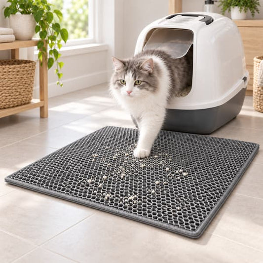 Fluffy white and grey cat stepping from a litter box onto a grey honeycomb cat litter mat