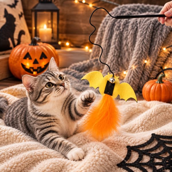 Cat playing with Halloween bat wand toy in a cosy autumn home
