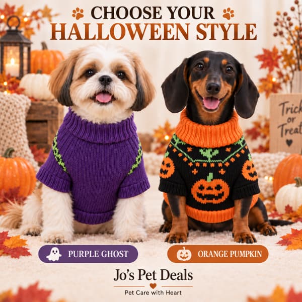 Two small dogs wearing Halloween knit sweaters in a fall-themed setting. The left dog wears a purple ghost sweater, and the right dog wears an orange pumpkin sweater.