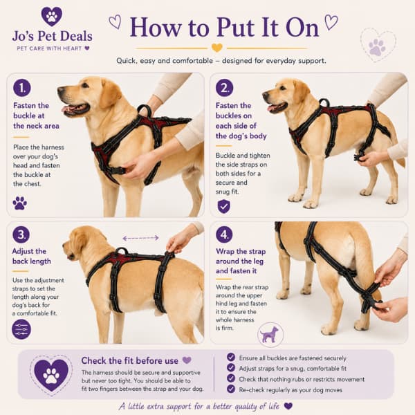How to fit a full body dog lift harness with four steps for adjusting the neck, body, back and rear leg straps