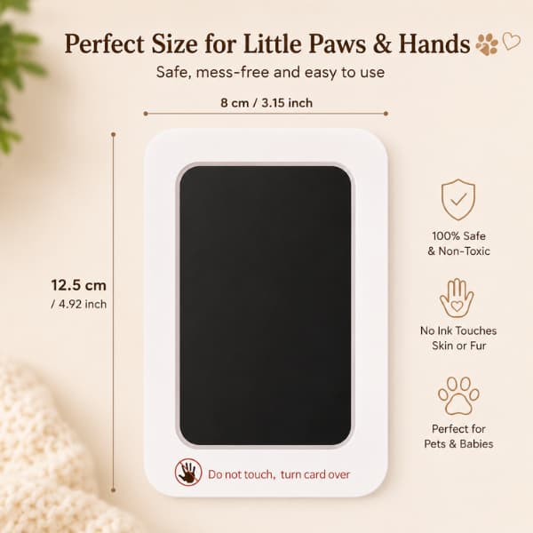 Inkless paw print keepsake kit size guide showing dimensions and safe clean touch design for pets and babies