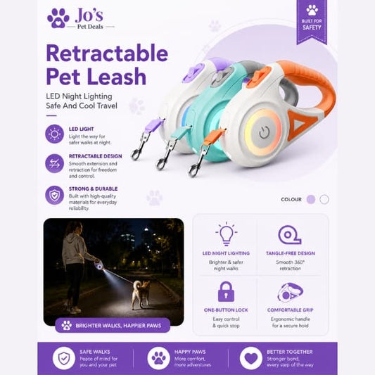 Joโs Pet Deals promotional graphic for an LED retractable pet leash with night lighting, ergonomic grip, and tangle-free design