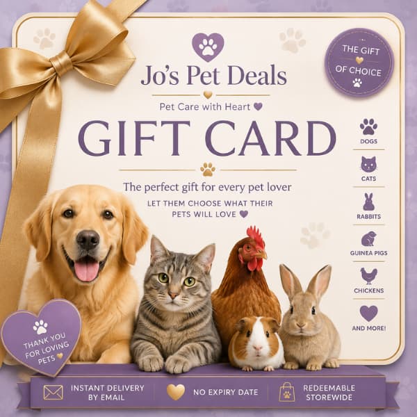 Jo's Pet Deals digital gift card for pet lovers featuring a dog, cat, rabbit, guinea pig and chicken with instant email delivery.