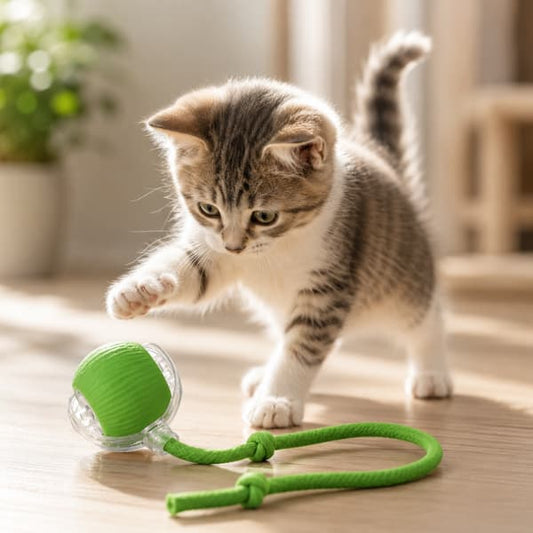 Playful kitten batting a green interactive ball toy with rope on a wooden floor indoors