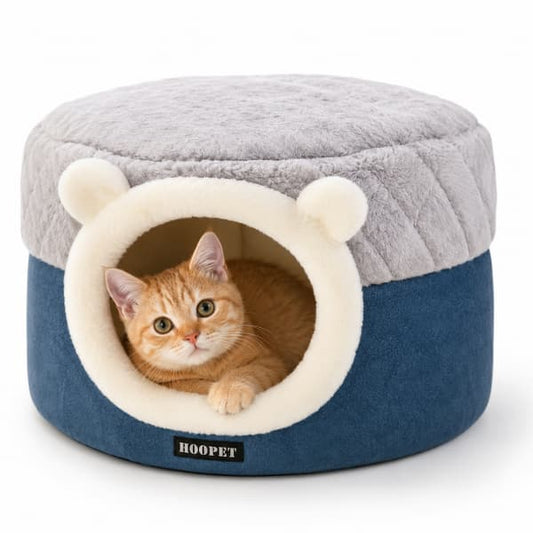 Luxury plush cat cave bed with soft cushioned hideaway for cats and small dogs in grey and blue.