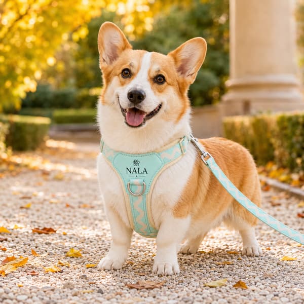 Corgi wearing a personalised mint-blue dog harness with its matching leash on an autumn walk.