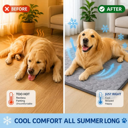 Before and after comparison showing a dog overheating on the floor versus relaxing comfortably on a cooling mat during summer