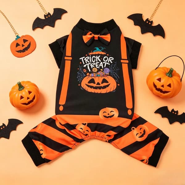 Pumpkin Halloween dog pyjamas with bow tie and trick or treat design