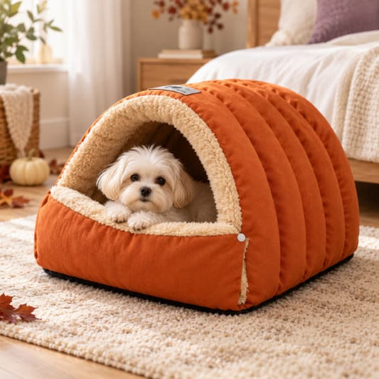 Small Maltese dog relaxing inside a pumpkin-orange plush cave bed