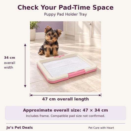 Pink puppy pad holder beside a Yorkie puppy, with approximate overall dimensions of 47 × 34 cm, including the frame.