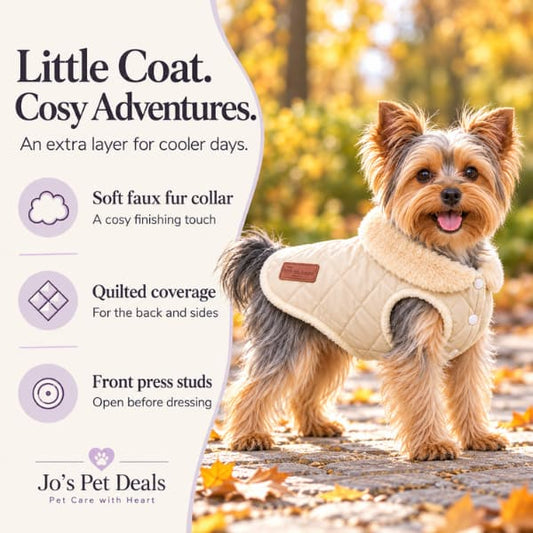 Yorkshire terrier wearing a beige quilted coat beside benefits highlighting the faux fur collar, back and side coverage, and front press studs.