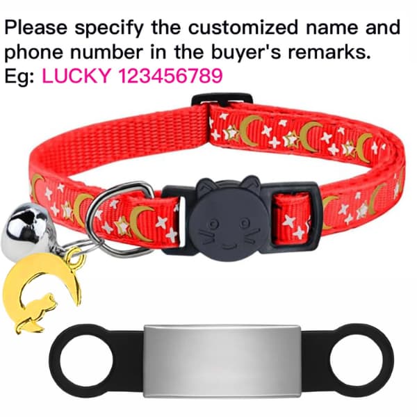 Red personalised glow cat collar with engraved silver ID plate