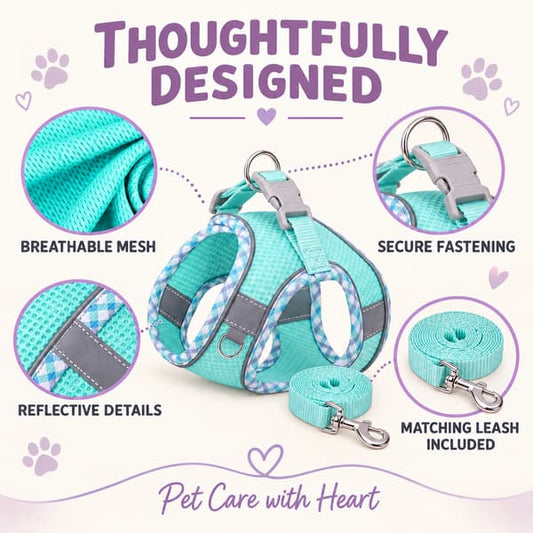 A pet harness and matching leash set displayed on a light cream background with decorative paw prints and text callouts. The harness is aqua/turquoise with white gingham patterns and reflective gray trim.